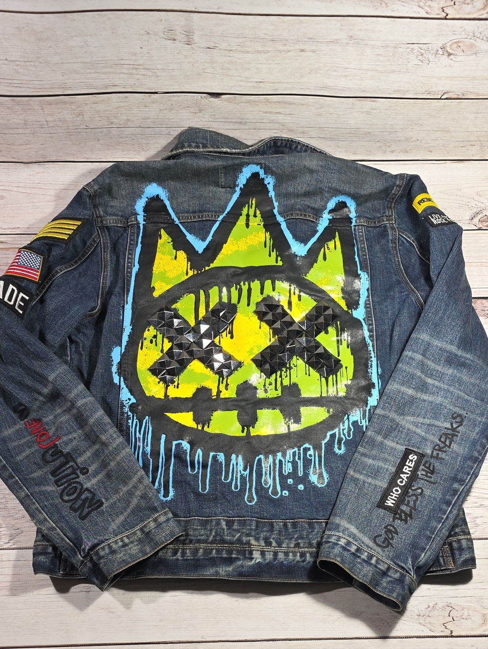 Rare Cult of Individuality Blue Denim Jacket with Yellow and Lime Graphic 3XL